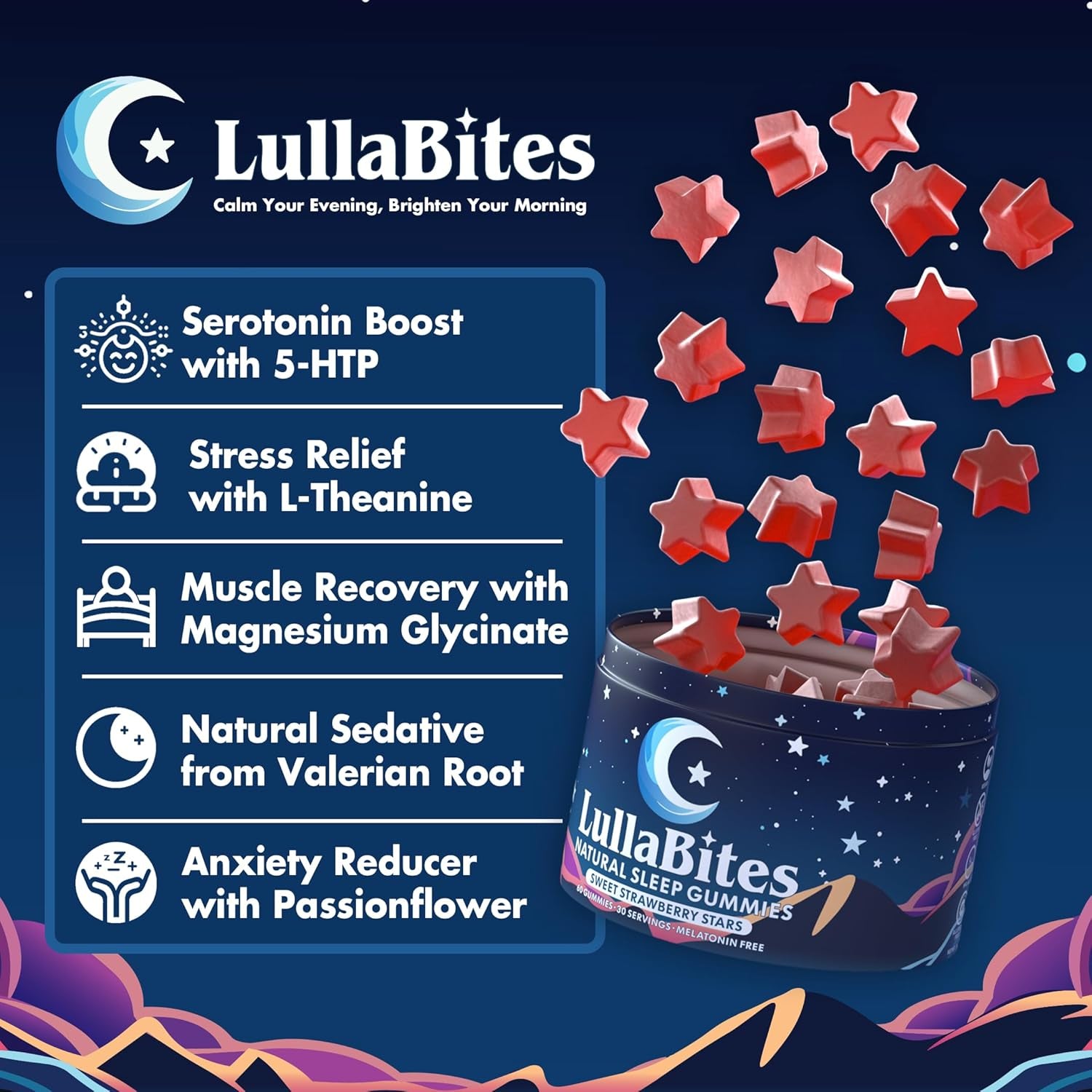 Natural Sleep Gummies - USA-Made - Formulated with 5-HTP, L-Theanine, Magnesium & Valerian Root - Melatonin-Free - Vegan & Halal - Sugar and Gluten-Free - Sweet Strawberry Flavor - 60 Gummies 