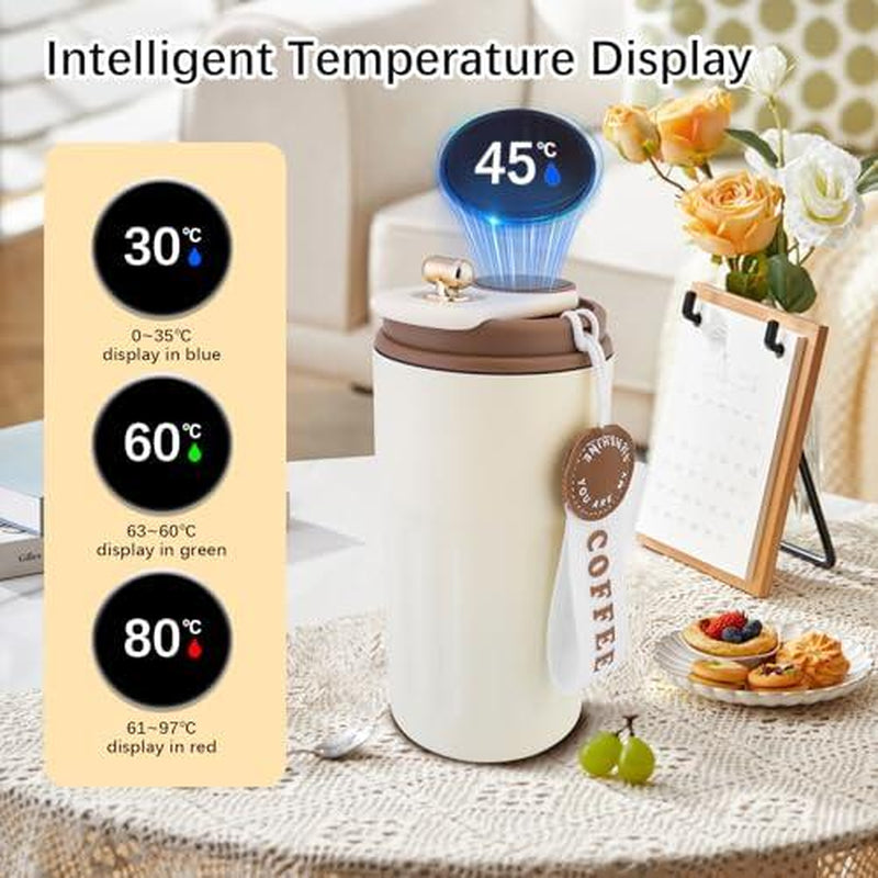 Stainless Steel Coffee Mug Vacuum Insulated Tumbler with Temperature Display Smart Coffee Thermos Outdoor Camping Mug Leak-Proof Lid Portable Cups for Hot Ice Everyday Essential Drinkware Gifts